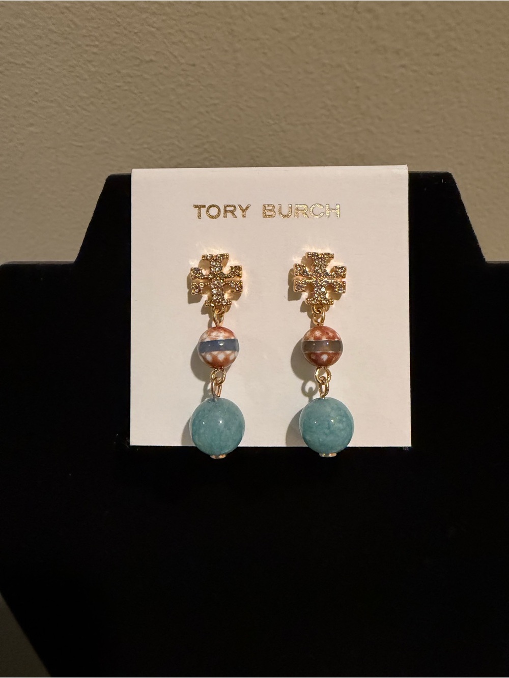 Tory Burch Gold-Tone Drop Earrings with Aqua and Striped Accent Beads